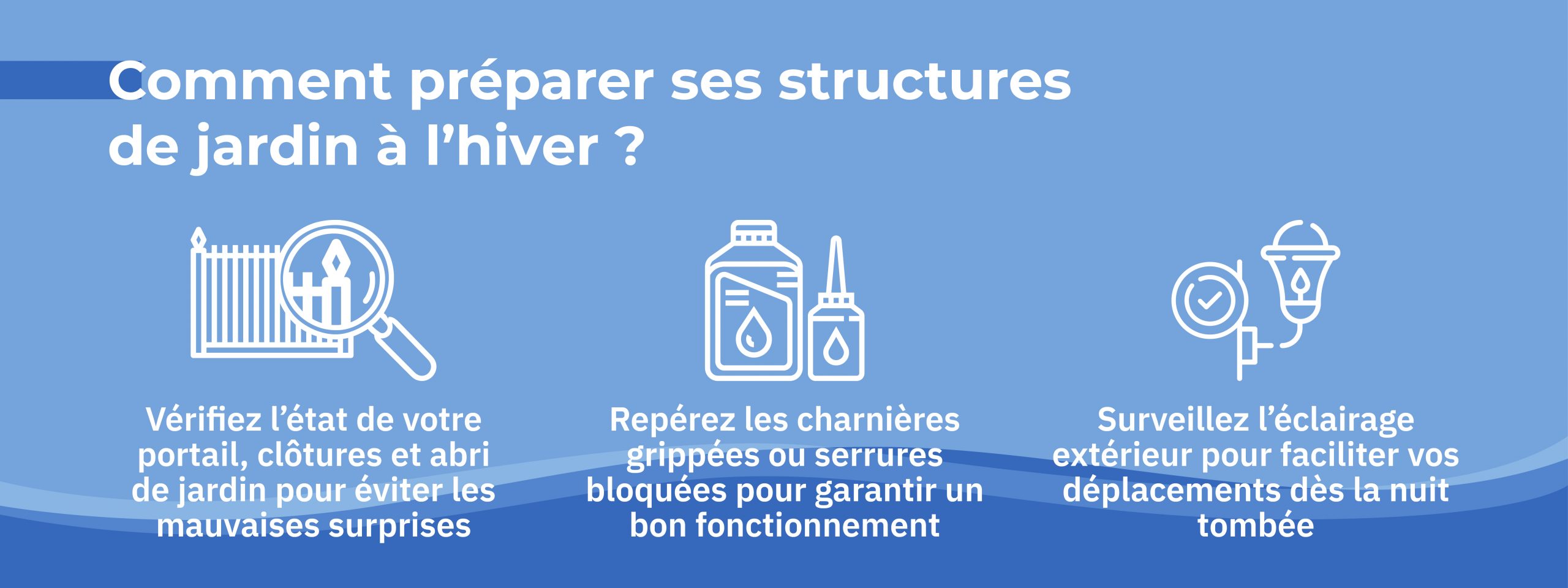 infographie précisant les points à surveiller pour ses structures extérieures lors de l’hivernage du jardin