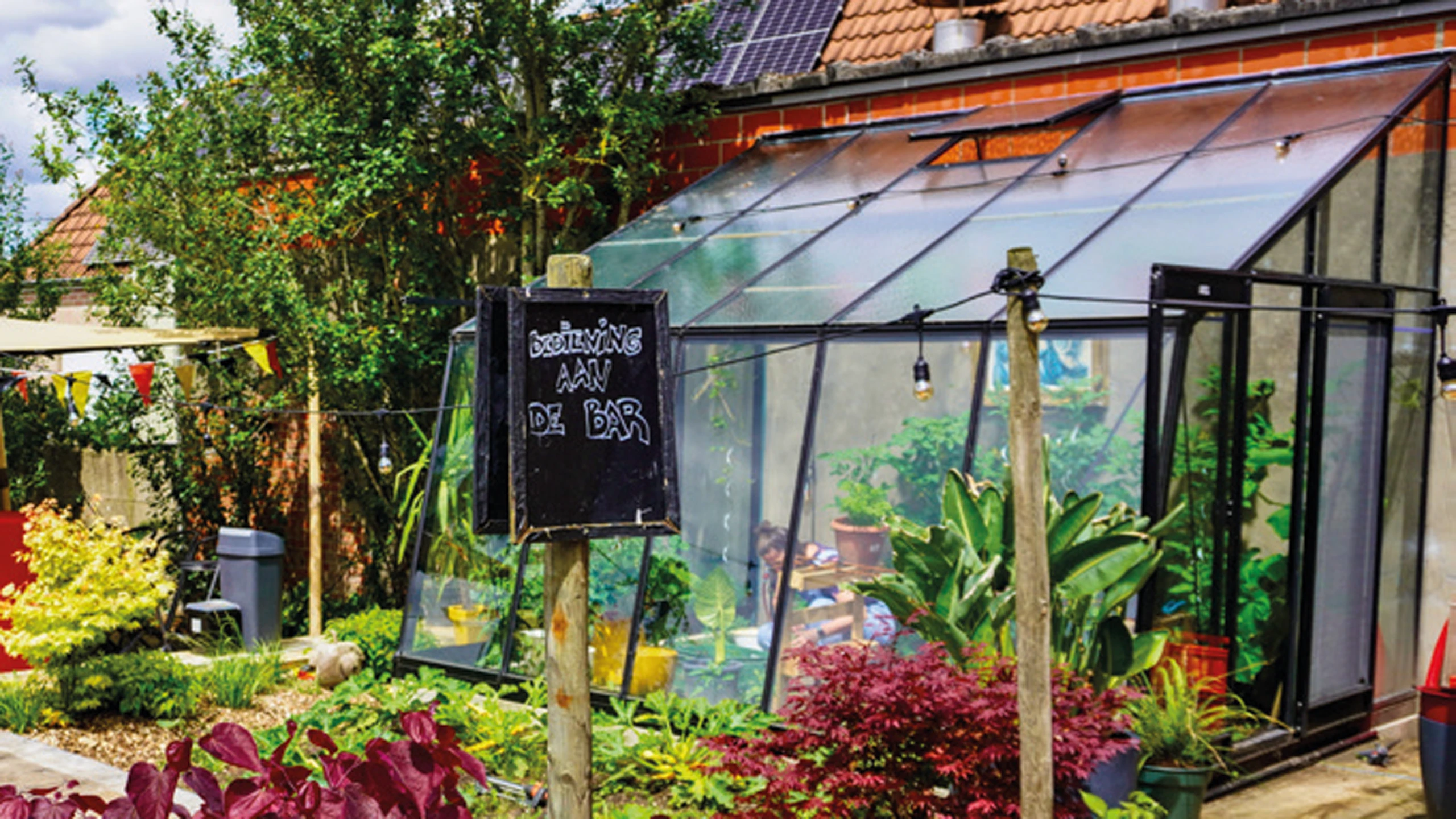Serre de jardin adossée en aluminium noir avec plantes tropicales et massifs colorés à Saint-Quentin — Colver