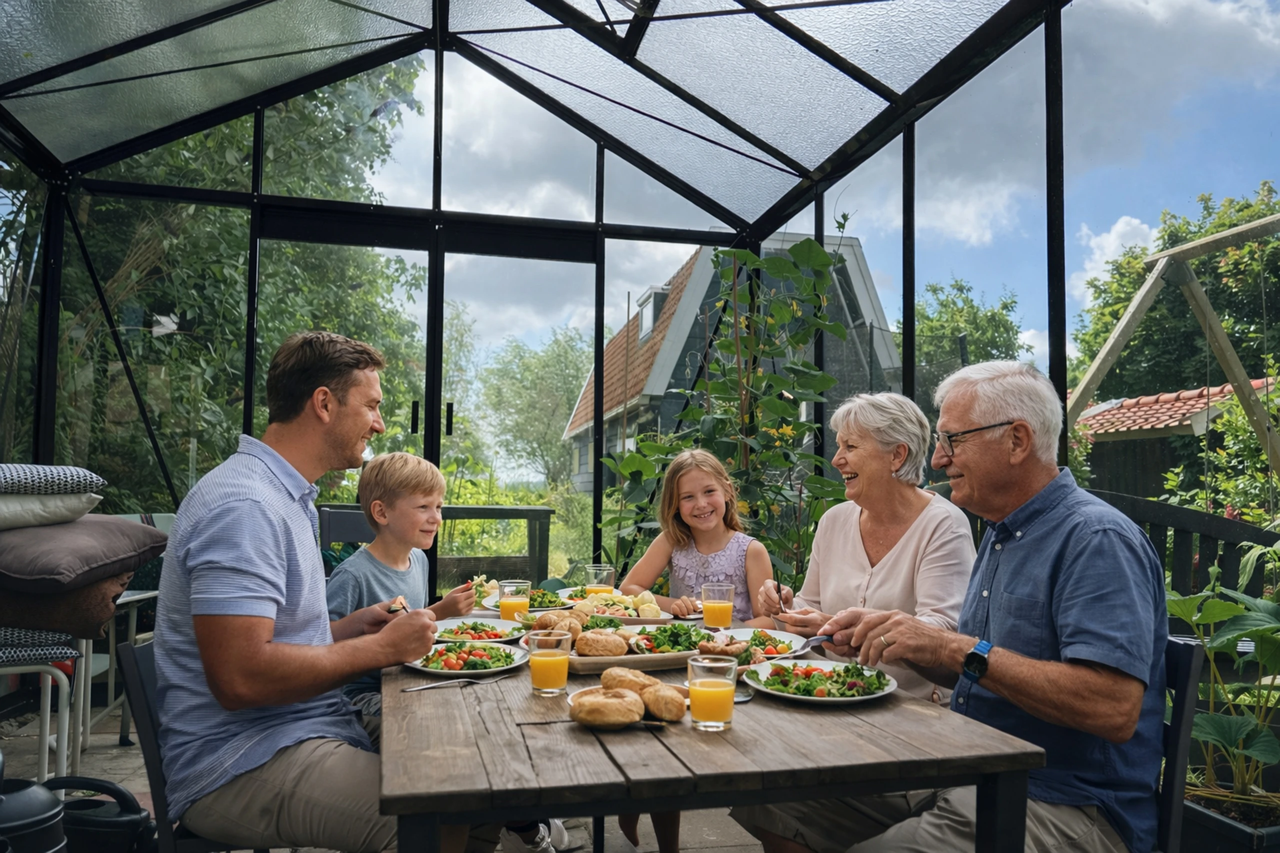 Famille déjeunant à l'intérieur d'une serre jardin d'hiver vitrée, espace convivial aménagé à Compiègne — Colver
