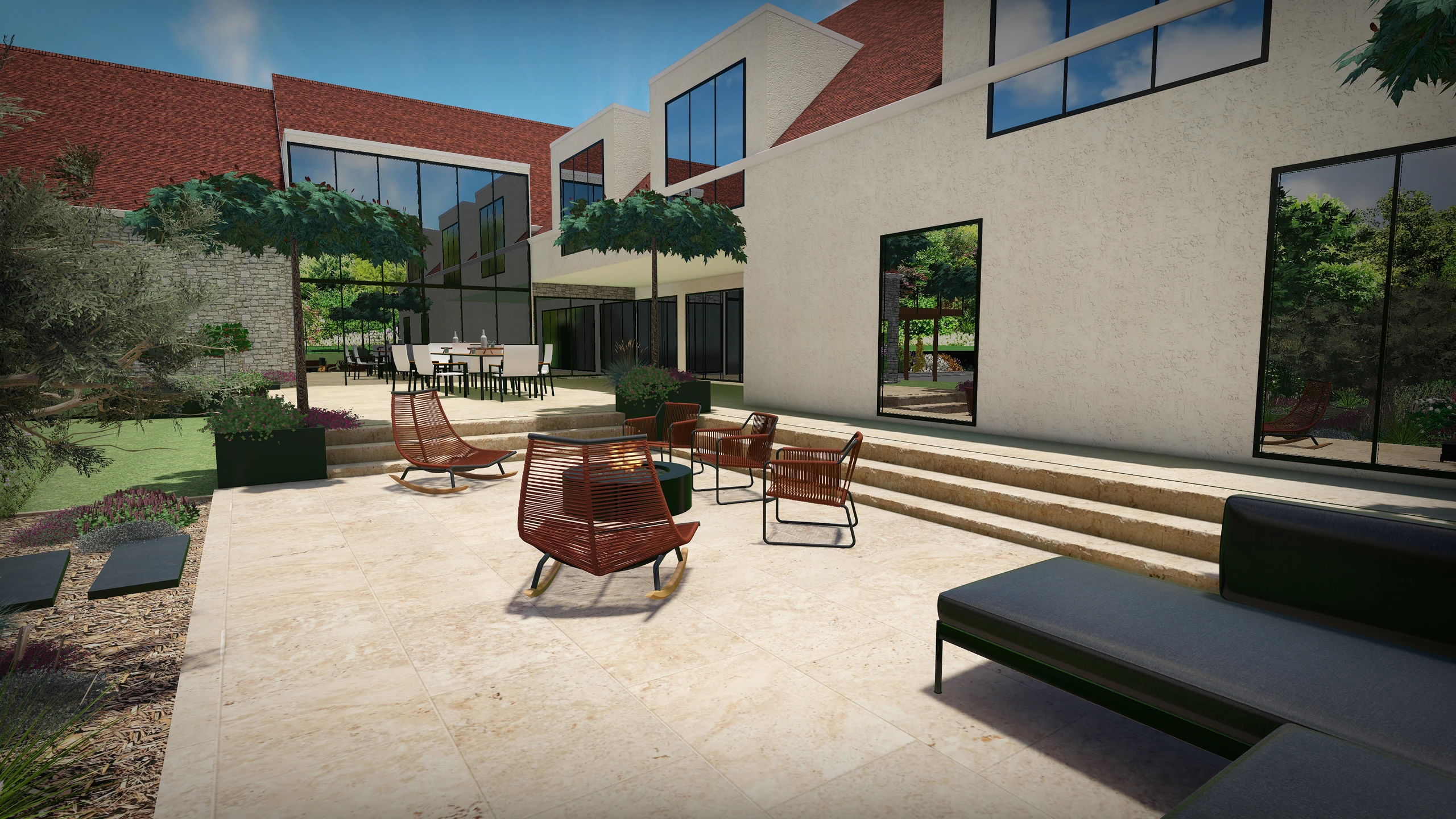 Rendu 3D bureau d'études Colver — terrasse travertin et jardin contemporain — Noyon, Oise